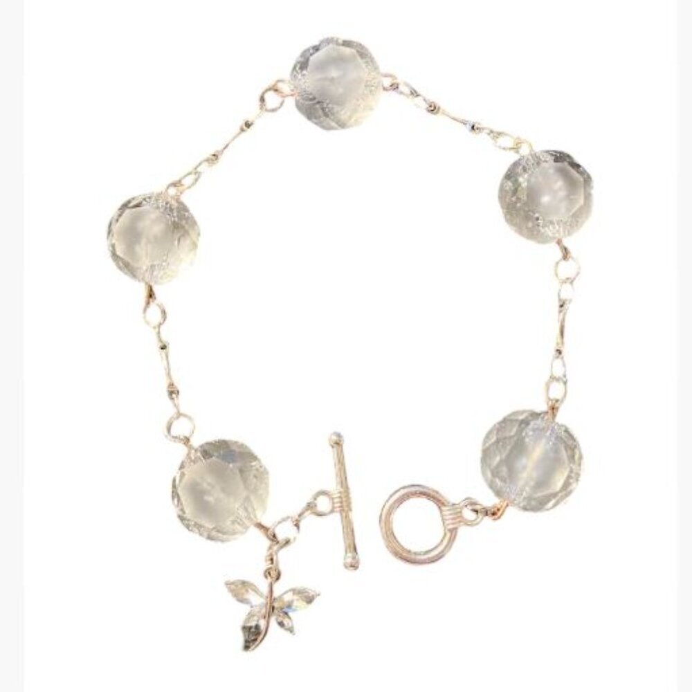 Handcrafted Crystaline Bead and Silver-Tone Chain Bracelet with Rhinestone Charm